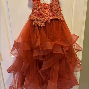 Girls' Burnt Orange Ruffled Party Dress with Embroidered Bodice